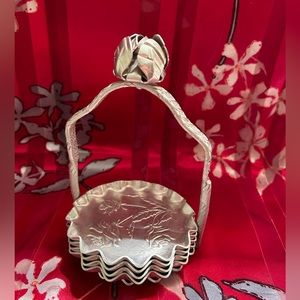 VTG MCM Hammered Set of 4 Aluminum Coasters with Basket. Rose themed.